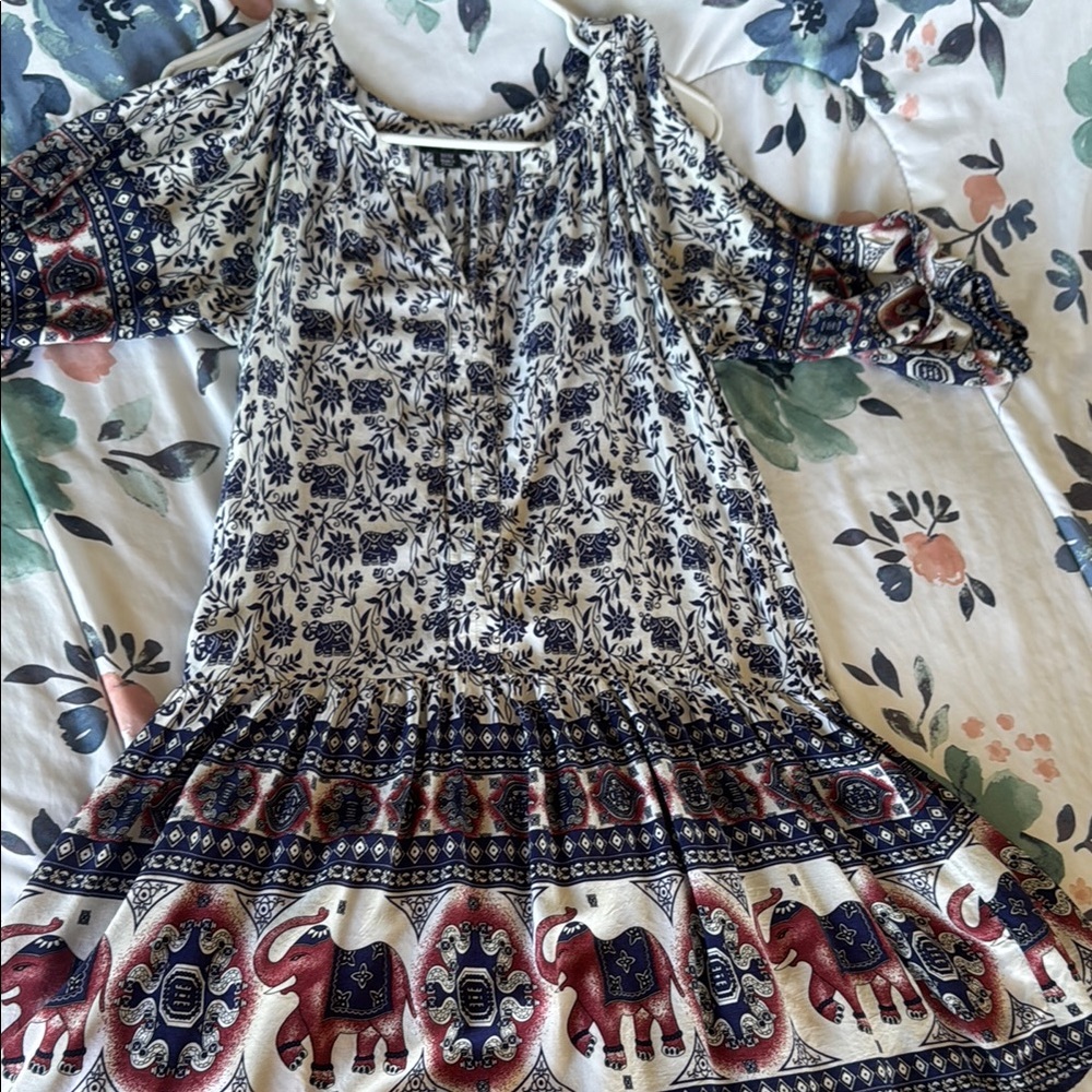 Charming Elephant Print Dress - Blue and White